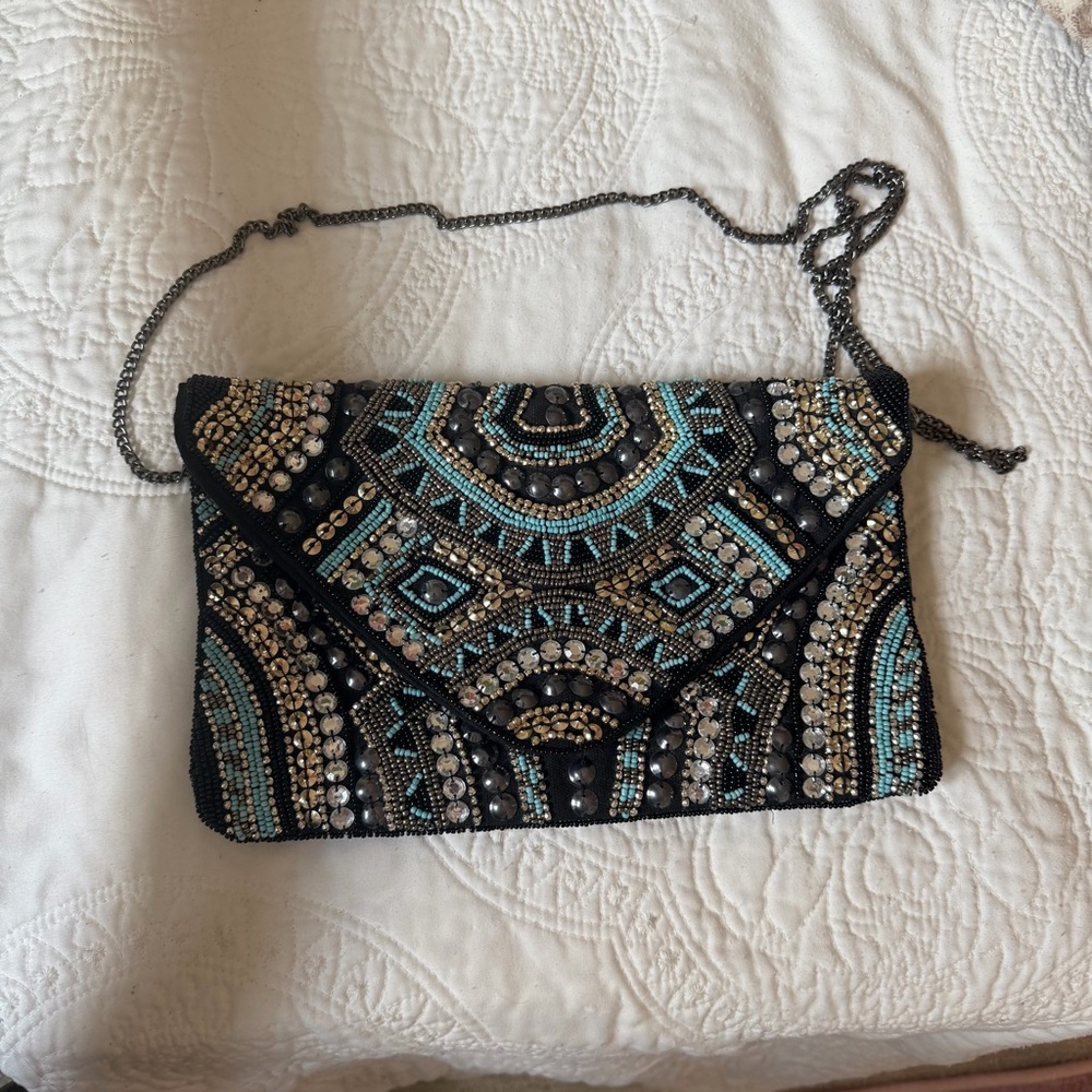 Boho Black and Blue Beaded Clutch